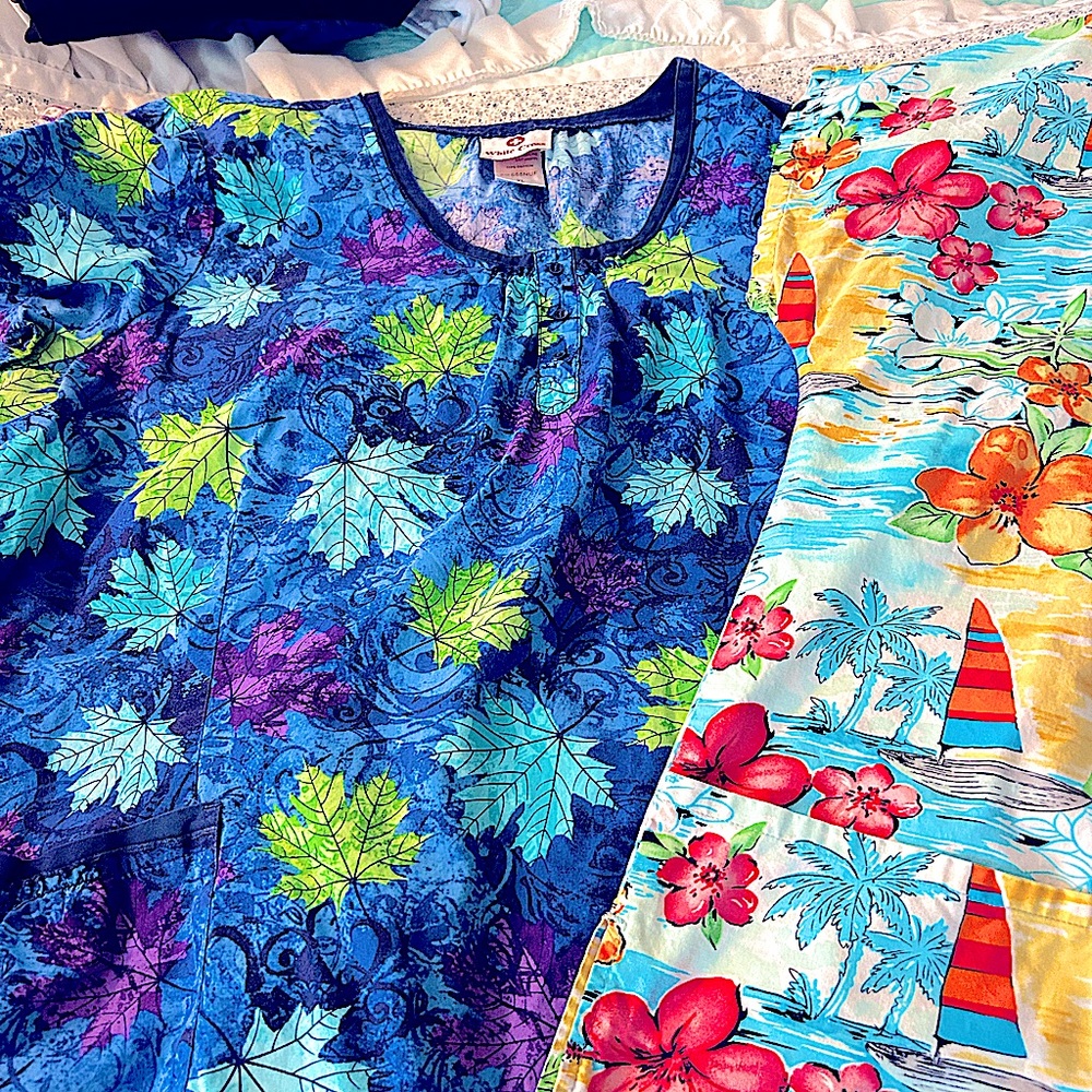 Colorful Leaf and Floral Print scrub tops.